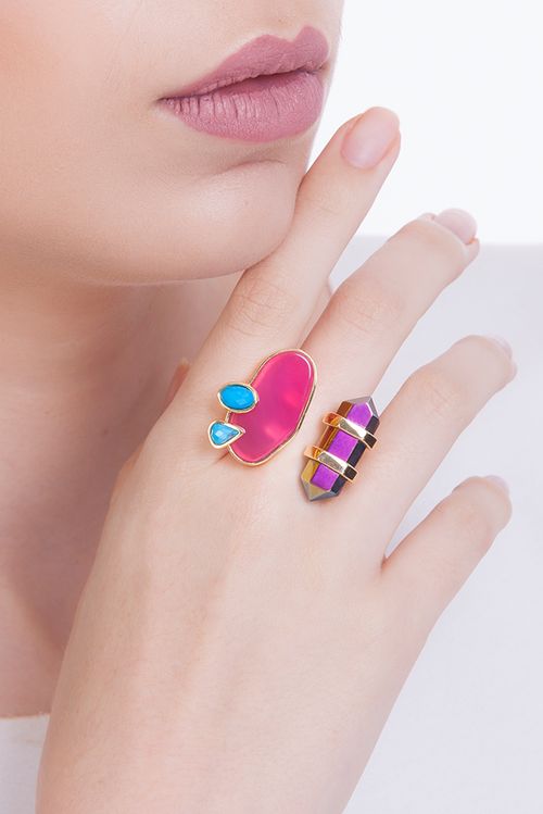 Anel Nature - Ágata Pink, Cristal Multicolorido e Turquesa - Coleção Acquarella Banho: Folheado a Ouro