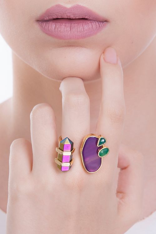 Anel Nature - Ágata Roxa, Ágata Verde e Cristal Multicolorido - Coleção Acquarella Banho: Folheado a Ouro