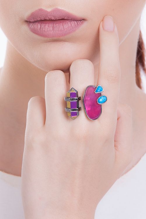 Anel Nature - Ágata Pink, Cristal Multicolorido e Turquesa - Coleção Acquarella Banho: Ródio Negro