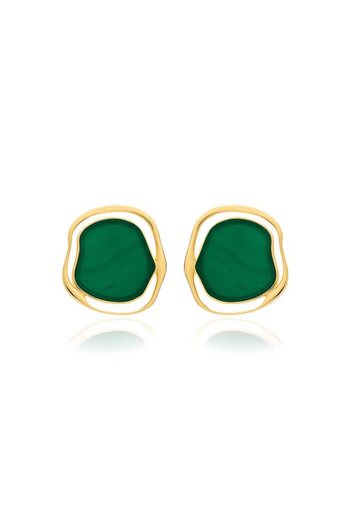 Brinco Soleil - Ágata Verde - Coleção Acquarella Banho: Folheado a Ouro
