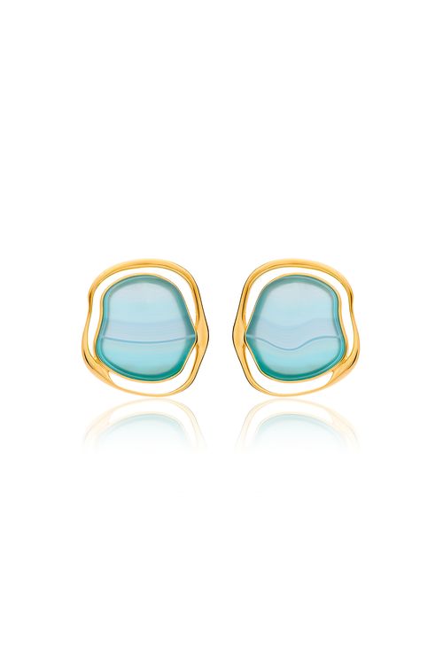 Brinco Soleil - Ágata Azul - Coleção Acquarella Banho: Folheado a Ouro