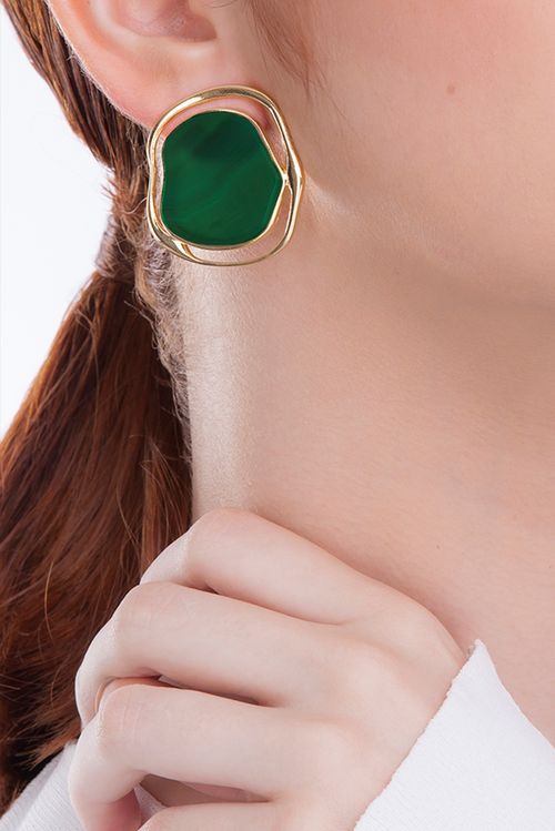 Brinco Soleil - Ágata Verde - Coleção Acquarella Banho: Folheado a Ouro
