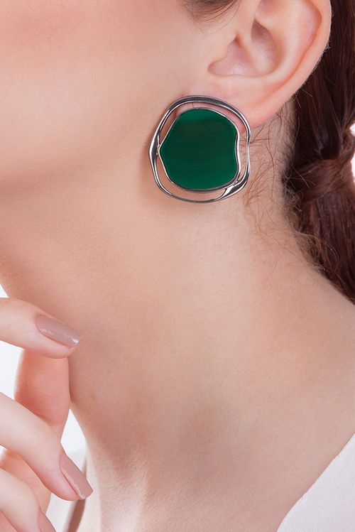 Brinco Soleil - Ágata Verde - Coleção Acquarella Banho: Ródio Negro
