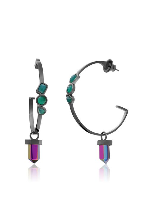 Brinco Argola Climat - Ágata Verde e Cristal - Coleção Acquarella Banho: Ródio Negro