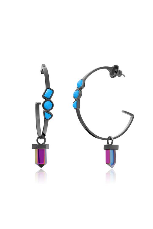 Brinco Argola Climat - Cristal Multicolorida e Turquesa - Coleção Acquarella Banho: Ródio Negro