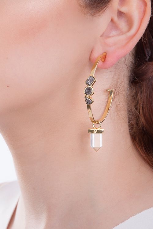 Brinco Argola Climat - Cristal e Drusa Metalizada - Coleção Acquarella Banho: Folheado a Ouro