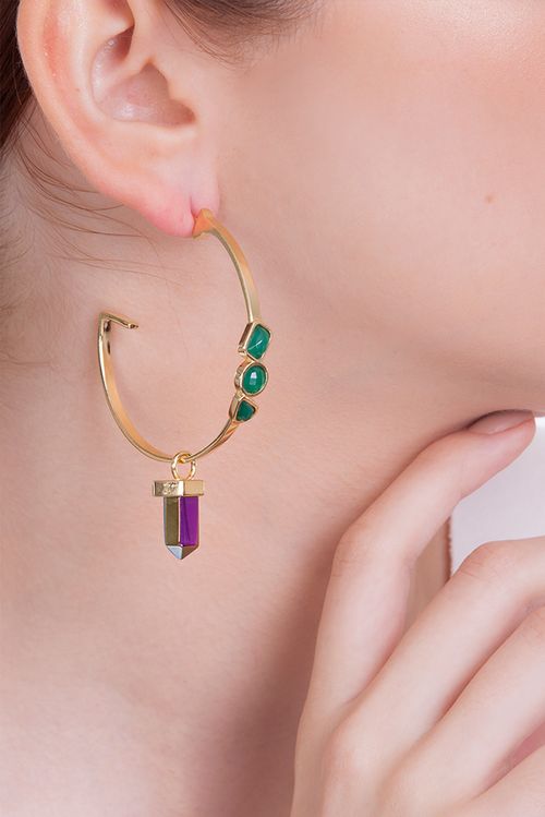 Brinco Argola Climat - Ágata Verde e Cristal - Coleção Acquarella Banho: Folheado a Ouro