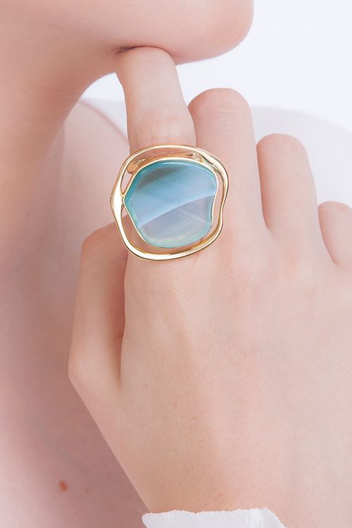 Anel Soleil - Ágata Azul - Coleção Acquarella Banho: Folheado a Ouro