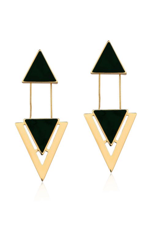 Brinco Two Pieces - Obsidiana Preta - Coleção Geometric Banho: Folheado a Ouro