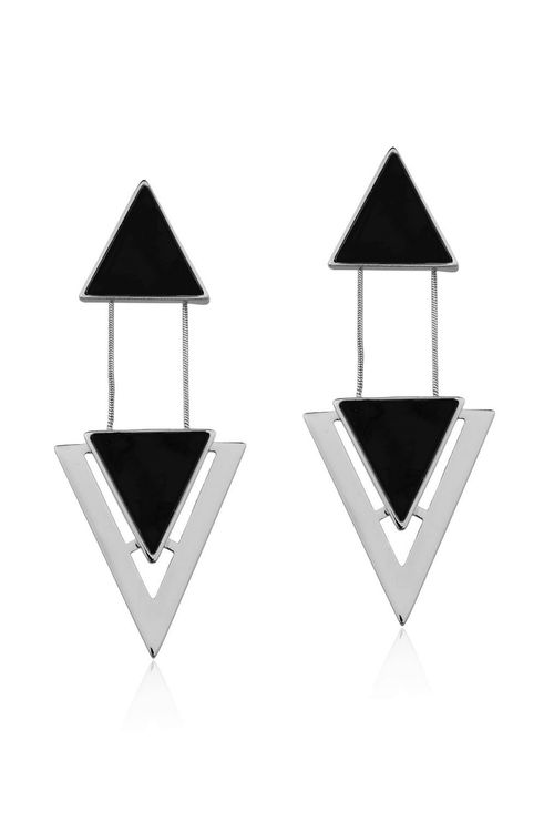 Brinco Two Pieces - Obsidiana Preta - Coleção Geometric Banho: Ródio Negro