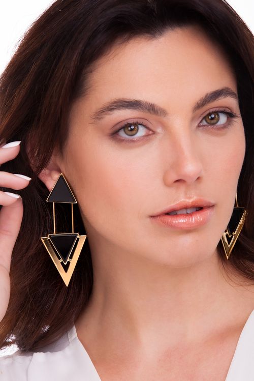 Brinco Two Pieces - Obsidiana Preta - Coleção Geometric Banho: Folheado a Ouro