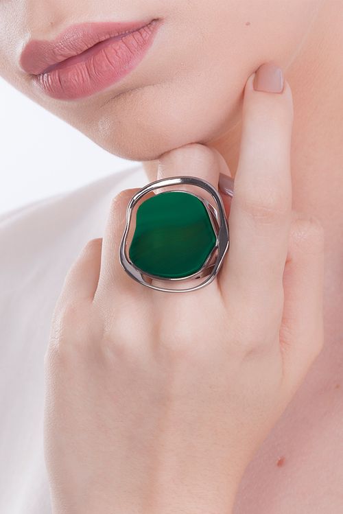 Anel Soleil - Ágata Verde - Coleção Acquarella Banho: Ródio Negro