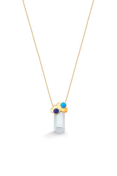 Colar Prisma Pequeno - Quartzo Branco Holográfico, Haulita Roxa e Turquesa - Coleção Sublime Banho: Folheado a Ouro