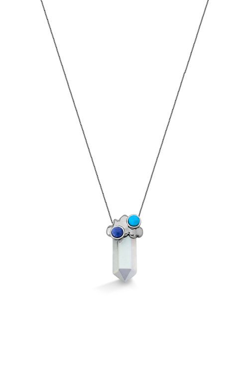 Colar Prisma Pequeno - Quartzo Branco Holográfico, Haulita Roxa e Turquesa - Coleção Sublime Banho: Ródio Negro