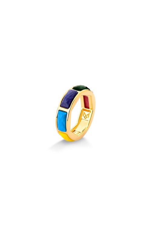 Anel Arcus - Quartzo Amarelo, Haulita Turquesa, Ágata Verde e Feldspato Vermelho - Coleção Sublime Banho: Folheado a Ouro