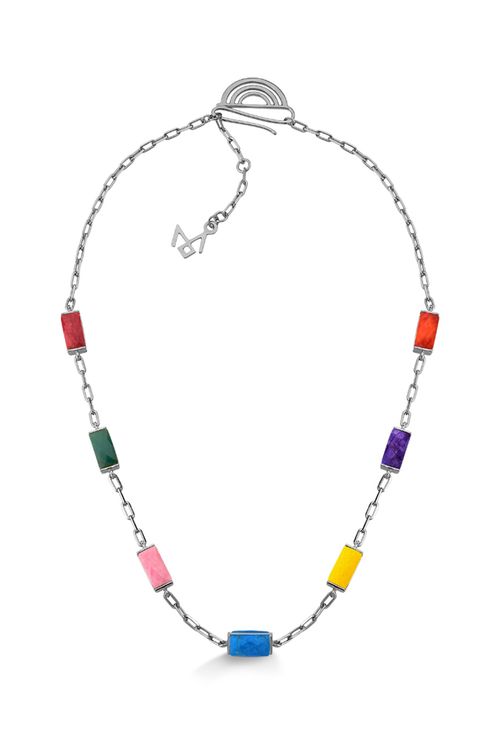 Colar Iara - Feldspato Laranja e Vermelho, Haulita Roxa e Turquesa, Quartzo Amarelo, Rodocrosita, Ágata Verde - Coleção Sublime Banho: Ródio Negro