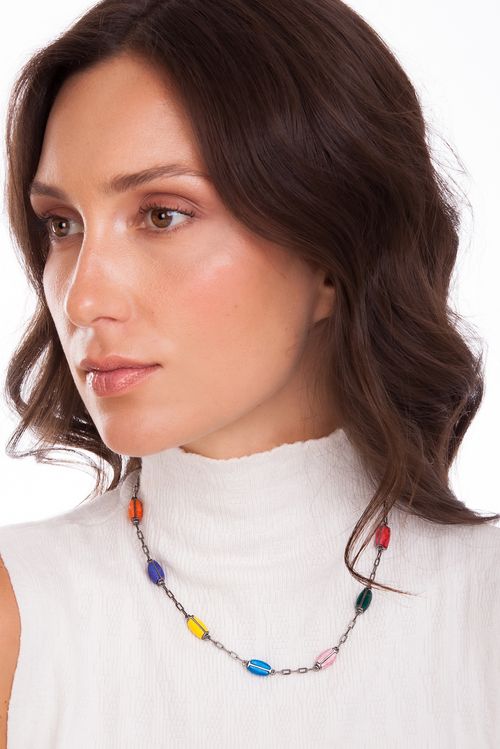 Colar Iara - Feldspato Laranja e Vermelho, Haulita Roxa e Turquesa, Quartzo Amarelo, Rodocrosita, Ágata Verde - Coleção Sublime Banho: Ródio Negro
