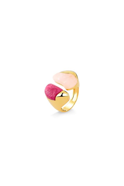 Anel Zen - Feldspato Vermelho e Quartzo Rosa - Coleção Reset Banho: Folheado a Ouro