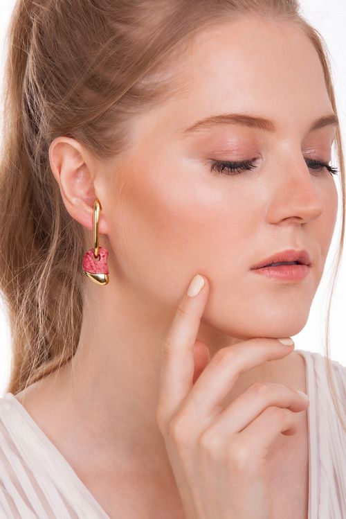 Brinco Serenidade - Amazonita Vermelha e Quartzo Rosa - Coleção Reset Banho: Folheado a Ouro