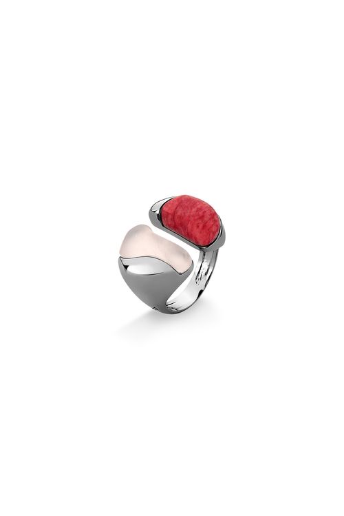 Anel Zen - Feldspato Vermelho e Quartzo Rosa - Coleção Reset Banho: Ródio Negro