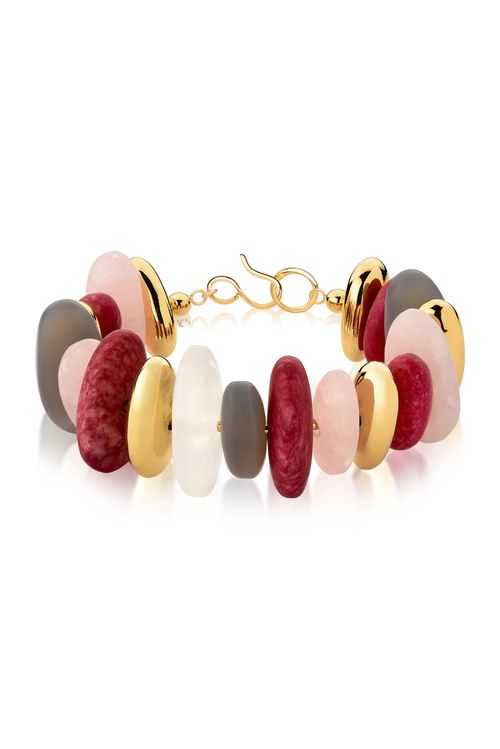 Pulseira Serenidade - Amazonita Vermelha, Ágata Cinza, Cristal e Quartzo Rosa - Coleção Reset Banho: Folheado a Ouro