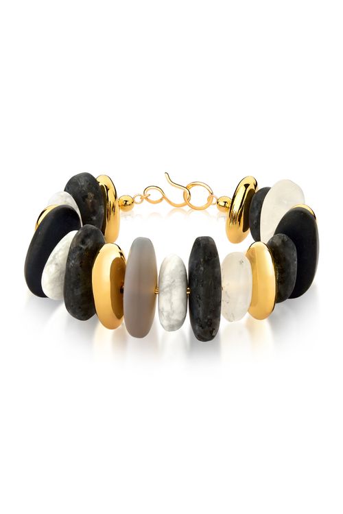 Pulseira Serenidade - Ágata Cinza, Cristal, Haulita, Labradorita e Ônix - Coleção Reset Banho: Folheado a Ouro