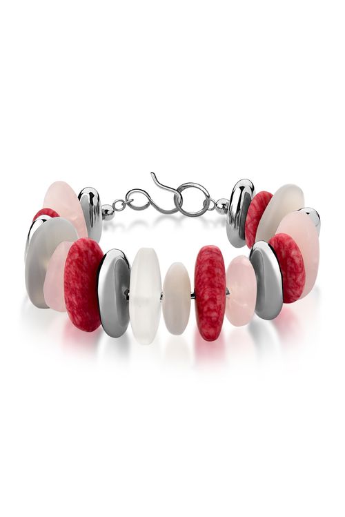Pulseira Serenidade - Amazonita Vermelha, Ágata Cinza, Cristal e Quartzo Rosa - Coleção Reset Banho: Ródio Negro