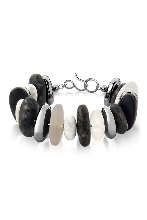 Pulseira Serenidade - Ágata Cinza, Cristal, Haulita, Labradorita e Ônix - Coleção Reset Banho: Ródio Negro