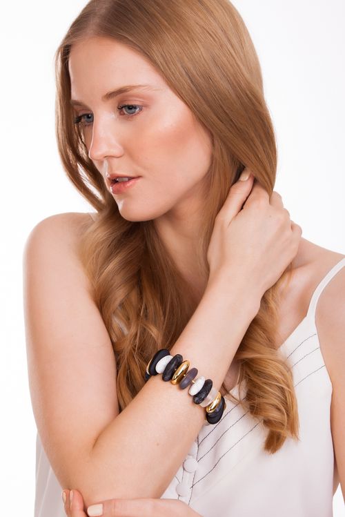 Pulseira Serenidade - Ágata Cinza, Cristal, Haulita, Labradorita e Ônix - Coleção Reset Banho: Folheado a Ouro