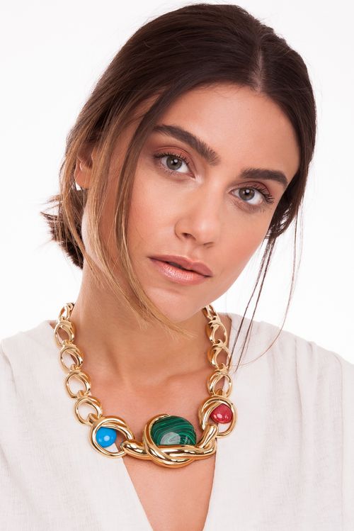 Colar O Afeto - Feldspato Vermelho, Malaquita e Haulita Turquesa - Coleção O Abraço Banho: Folheado a Ouro