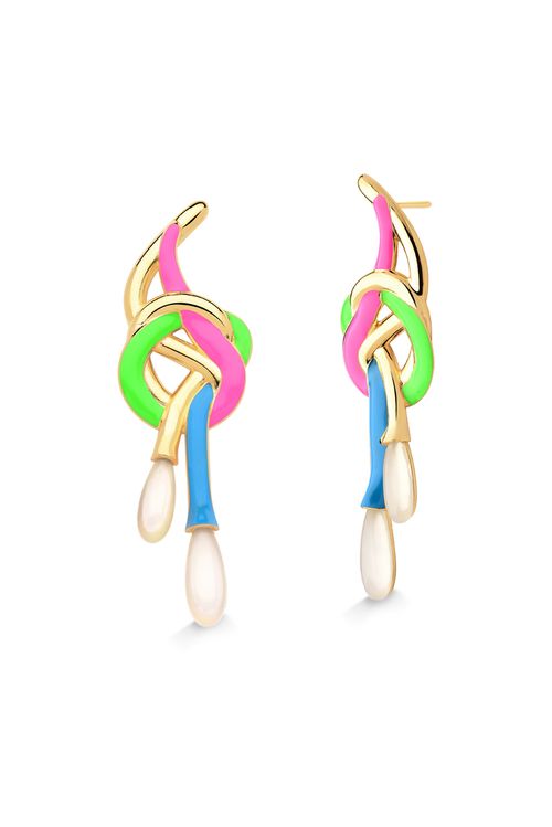 Brinco O Enlace - Ágata Branca, Neon Verde, Rosa e Azul - Coleção O Abraço Banho: Folheado a Ouro