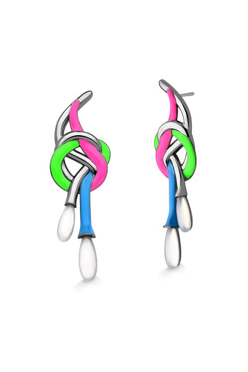 Brinco O Enlace - Ágata Branca, Neon Verde, Rosa e Azul - Coleção O Abraço Banho: Ródio Negro