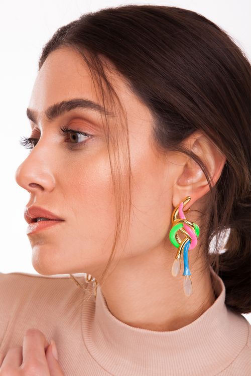 Brinco O Enlace - Ágata Branca, Neon Verde, Rosa e Azul - Coleção O Abraço Banho: Folheado a Ouro