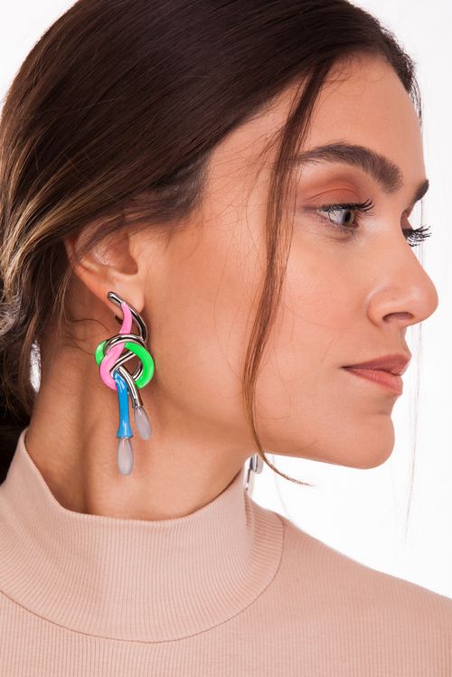 Brinco O Enlace - Ágata Branca, Neon Verde, Rosa e Azul - Coleção O Abraço Banho: Ródio Negro