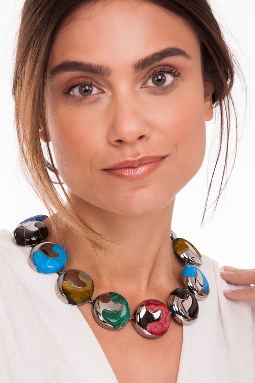 Colar O Abraço - Amazonita Vermelha, Malaquita, Turquesa, Olho de Tigre e Obsidiana Preta - Coleção O Abraço Banho: Ródio Negro