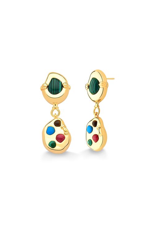 Brinco Envolvimento - Malaquita, Turquesa, Feldspato Vermelho e Olho Tigre - Coleção O Abraço Banho: Folheado a Ouro