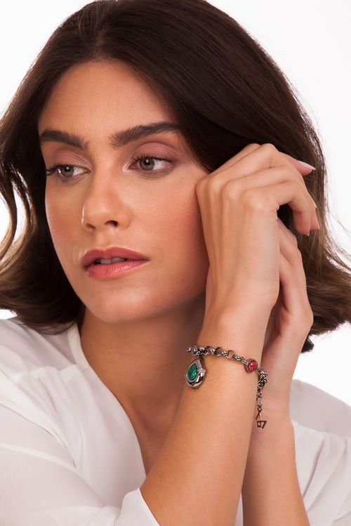 Pulseira Trama - Malaquita e Amazonita Vermelha - Coleção O Abraço Banho: Ródio Negro
