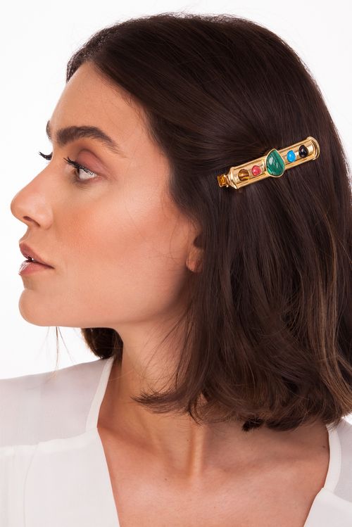 Fivela Afeição - Malaquita, Amazonita Vermelha, Olho de Tigre, Turquesa e Ônix  - Coleção O Abraço Banho: Folheado a Ouro