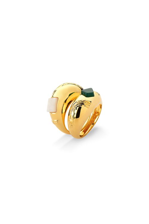 Anel Vincent - Ágata Verde e Dolomita - Coleção Galeria Banho: Folheado a Ouro