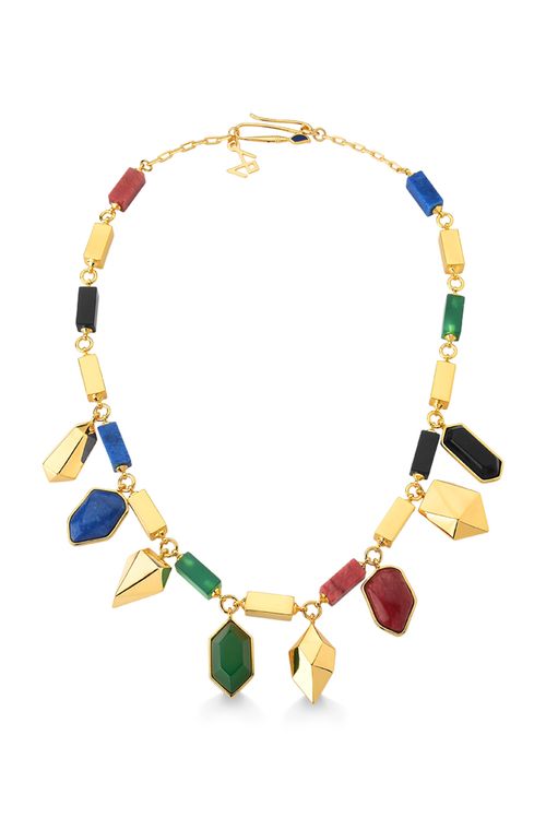 Colar Artsy - Ágata Verde, Amazonita Vermelha, Obsidiana Preta, Quartzo Azul Anil e Esmalte Azul Anil - Coleção Galeria Banho: Folheado a Ouro