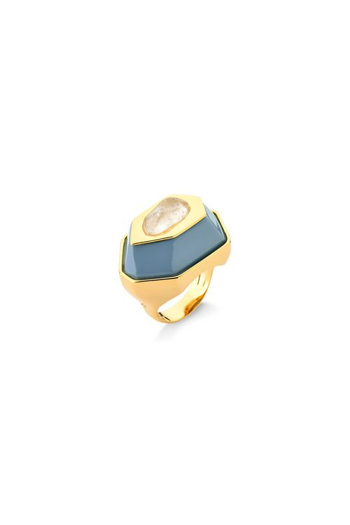 Anel Essência - Cristal e Madeira Azul - Coleção Existe em Mim Banho: Folheado a Ouro