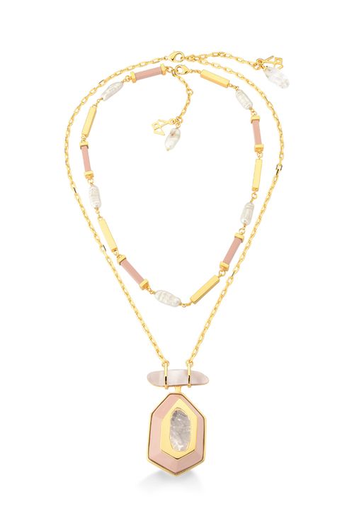 Colar Poesia - Cristal, Madeira Rosa, Madrepérola e Pérola Barroca - Coleção Existe em Mim Banho: Folheado a Ouro