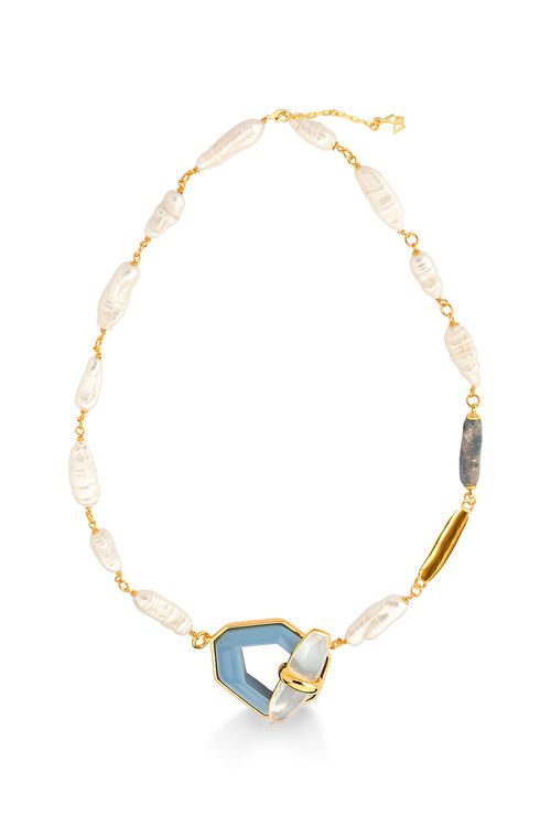 Colar Fascínio - Cristal, Madeira Azul,Pérola Barroca e Quartzo Trolita - Coleção Existe em Mim Banho: Folheado a Ouro