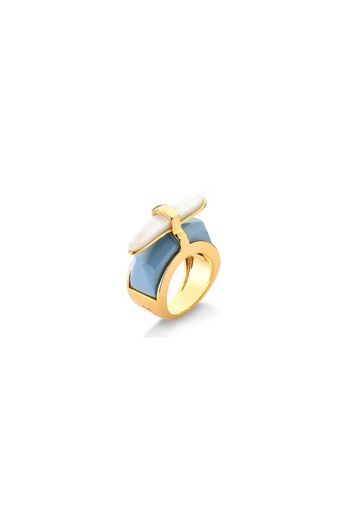 Anel Poesia - Madeira Azul e Madrepérola - Coleção Existe em Mim Banho: Folheado a Ouro