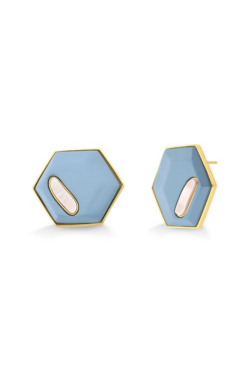 Brinco Verdade - Madeira Azul e Madrepérola - Coleção Existe em Mim Banho: Folheado a Ouro