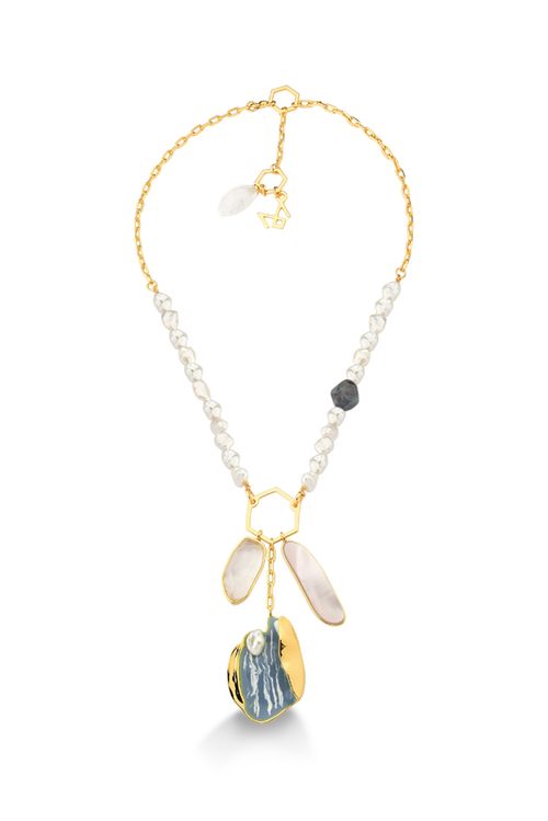 Colar Sonho - Cristal, Esmalte Azul, Madrepérola e Quartzo Trolita - Coleção Existe em Mim Banho: Folheado a Ouro