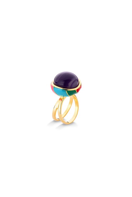 Anel Sublime - Ágata Roxa Listrada e Esmalte Turquesa, Verde, Vermelho e Pink - Coleção Sublime Banho: Folheado a Ouro