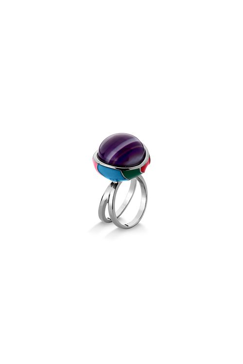 Anel Sublime - Ágata Roxa Listrada e Esmalte Turquesa, Verde, Vermelho e Pink - Coleção Sublime Banho: Ródio Negro