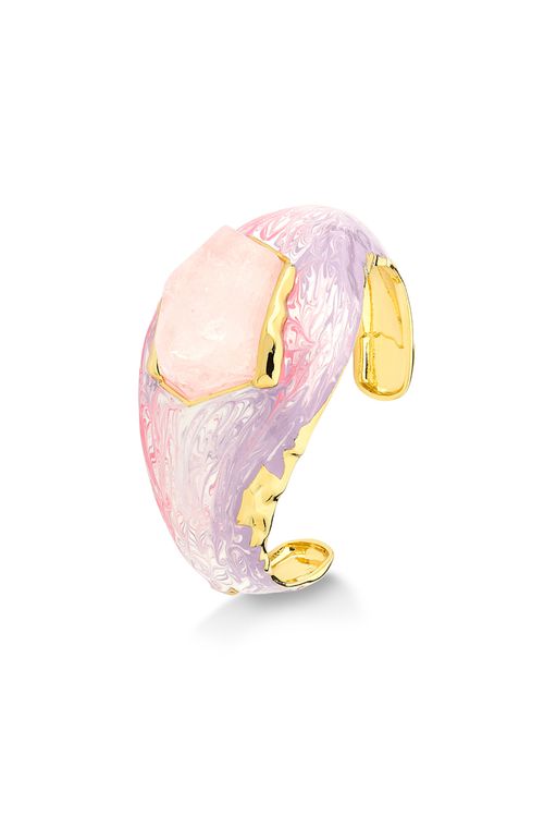 Pulseira Universo Singular - Quartzo Rosa e Esmalte Mesclado Rosado - Coleção Ninguém Como Ela Banho: Folheado a Ouro