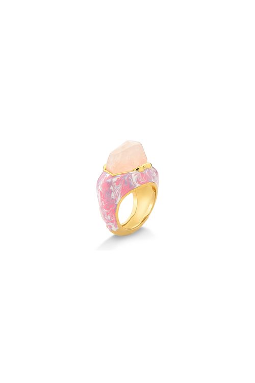 Anel Universo Singular - Quartzo Rosa e Esmalte Mesclado Rosado - Coleção Ninguém Como Ela Banho: Folheado a Ouro